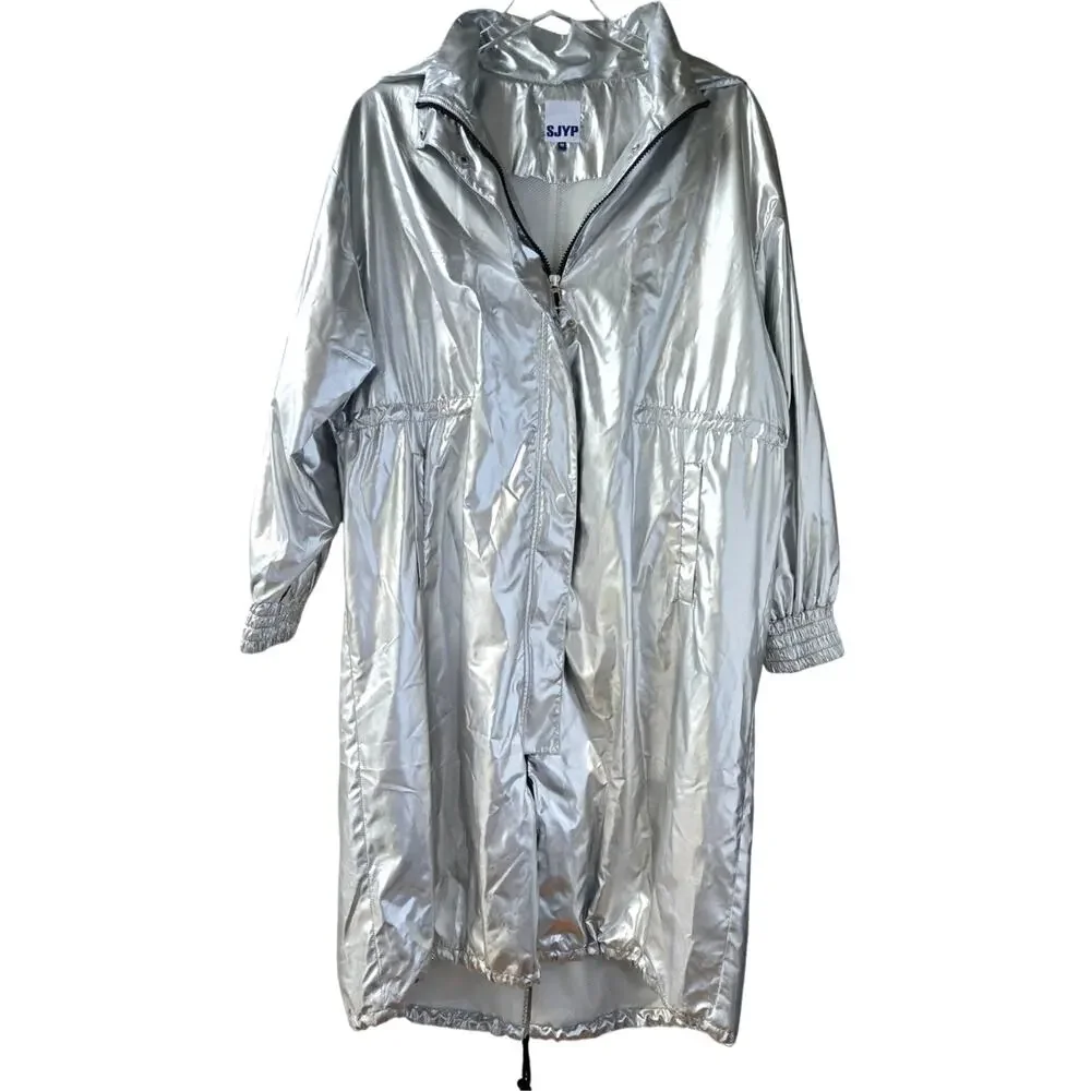 SJYP Silver Long Metallic Raincoat Hooded Womens Size Medium Korean Brand Edgy